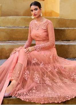 Embroidered Net Designer Suit in Peach