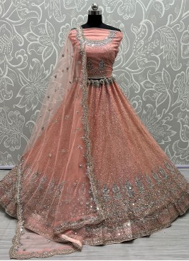 Embroidered Net Lehenga Choli in Peach