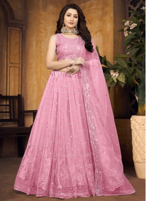 Embroidered Net Lehenga Choli in Pink