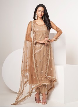 Embroidered Net Salwar Kameez in Brown