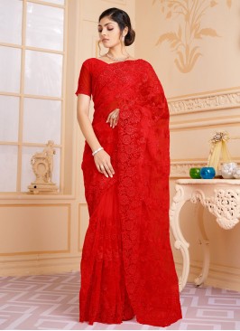 Embroidered Net Traditional Saree in Red