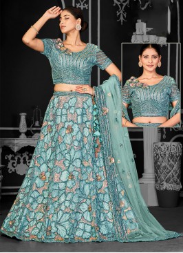 Embroidered Net Trendy Lehenga Choli in Aqua Blue