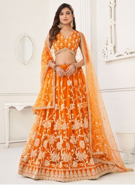 Embroidered Net Trendy Lehenga Choli in Orange