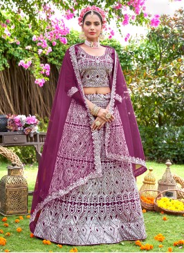 Embroidered Net Trendy Lehenga Choli in Purple