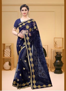 Embroidered Net Trendy Saree in Navy Blue