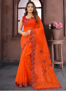 Embroidered Organza Classic Saree in Orange