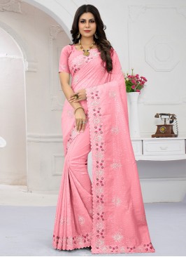 Embroidered Organza Classic Saree in Pink