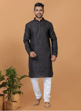 Embroidered Poly Cotton Kurta Pyjama in Black