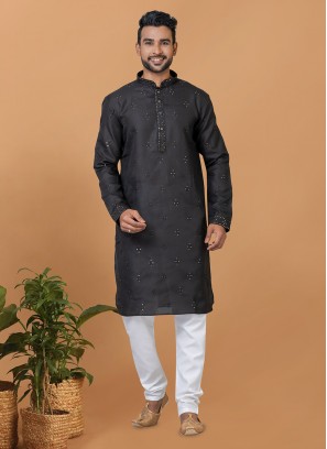 Embroidered Poly Cotton Kurta Pyjama in Black