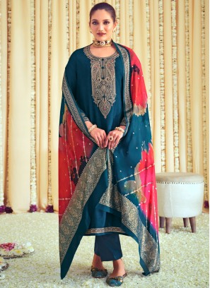 Embroidered Raw Silk Trendy Salwar Kameez in Blue
