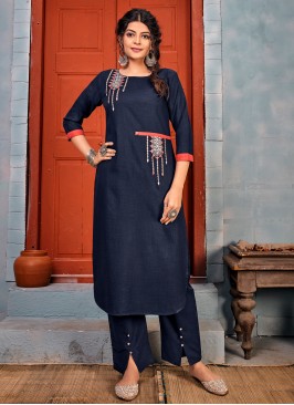 Embroidered Rayon Casual Kurti in Navy Blue