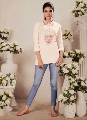 Embroidered Rayon Designer Kurti in Cream