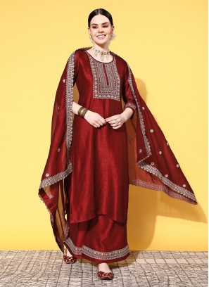 Embroidered Rayon Palazzo Salwar Suit in Maroon