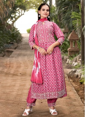 Embroidered Rayon Readymade Suit in Pink