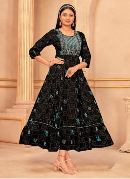 Embroidered Rayon Trendy Gown in Black