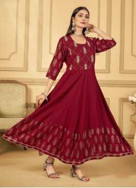 Embroidered Rayon Trendy Gown in Maroon