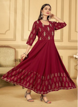 Embroidered Rayon Trendy Gown in Maroon