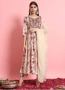 Embroidered Rayon Trendy Salwar Suit in Beige