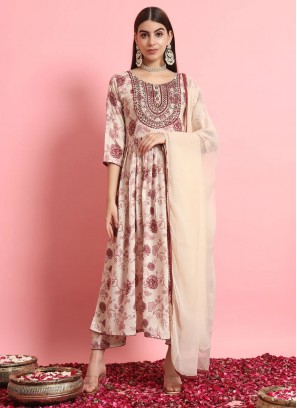 Embroidered Rayon Trendy Salwar Suit in Beige