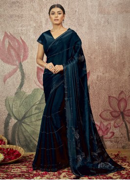 Embroidered Satin Silk Contemporary Style Saree in Teal