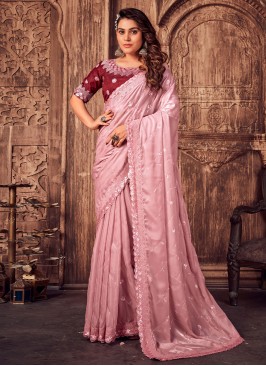 Embroidered Satin Silk Designer Saree in Pink