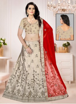 Embroidered Satin Silk Lehenga Choli in Beige