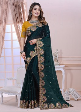 Embroidered Satin Silk Traditional Saree in Green