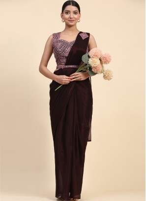 Embroidered Shimmer Contemporary Saree in Brown