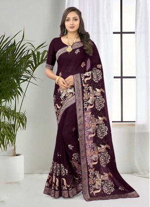 Embroidered Shimmer Saree in Wine