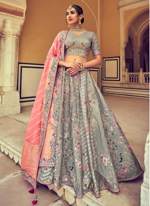 Embroidered Silk A Line Lehenga Choli in Grey