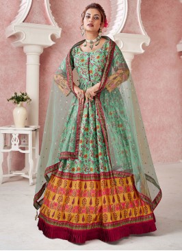 Embroidered Silk Designer Gown in Green