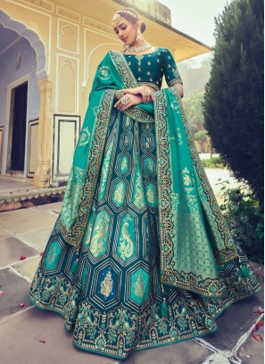 Embroidered Silk Designer Lehenga Choli in Morpeach  and Turquoise