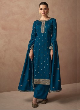 Embroidered Silk Designer Salwar Kameez in Teal