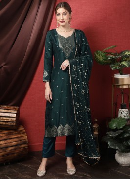 Embroidered Silk Pant Style Suit in Teal