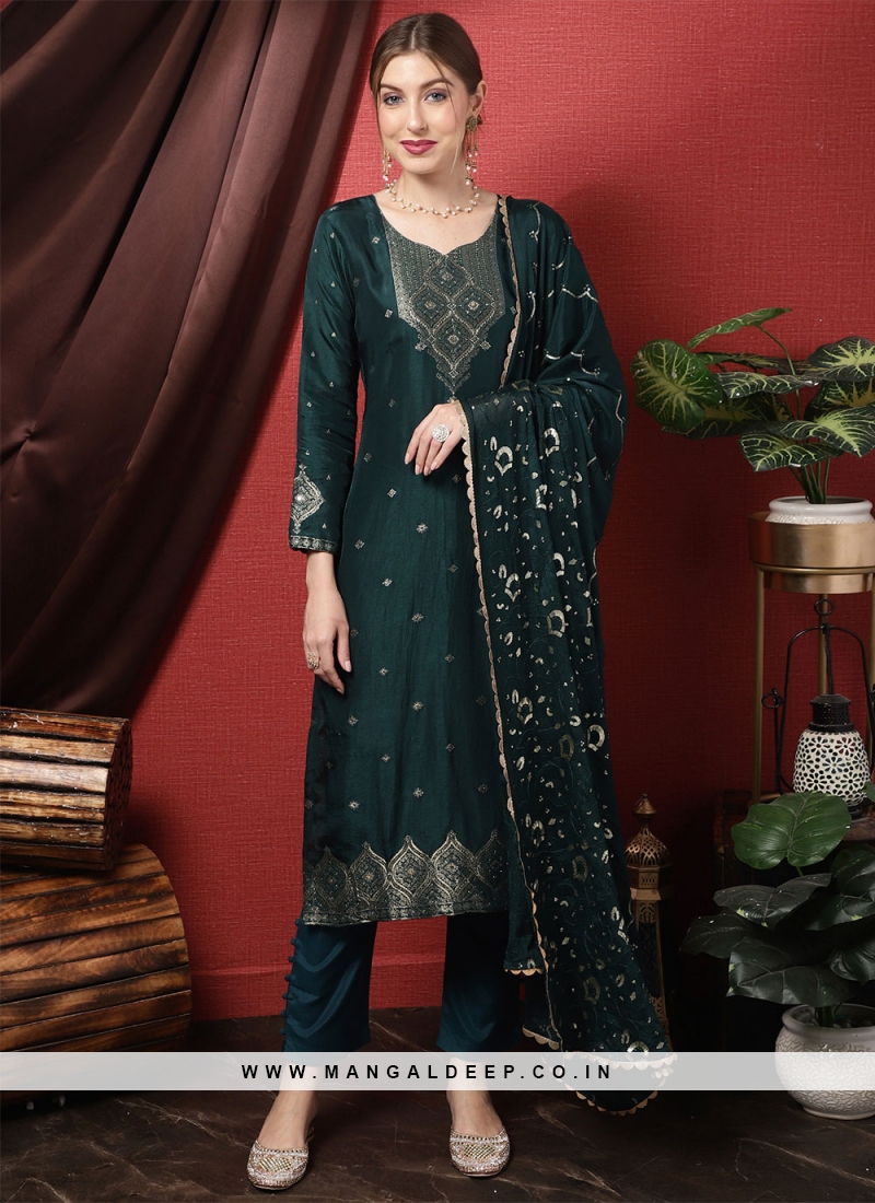 Embroidered Silk Pant Style Suit in Teal