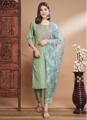 Embroidered Silk Readymade Salwar Kameez in Green