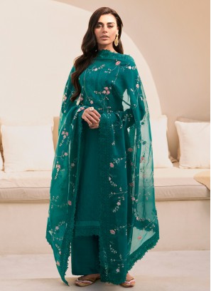 Embroidered Silk Salwar Suit in Green