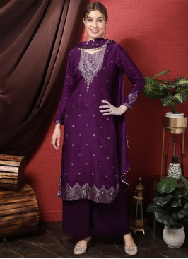 Embroidered Silk Straight Salwar Kameez in Purple