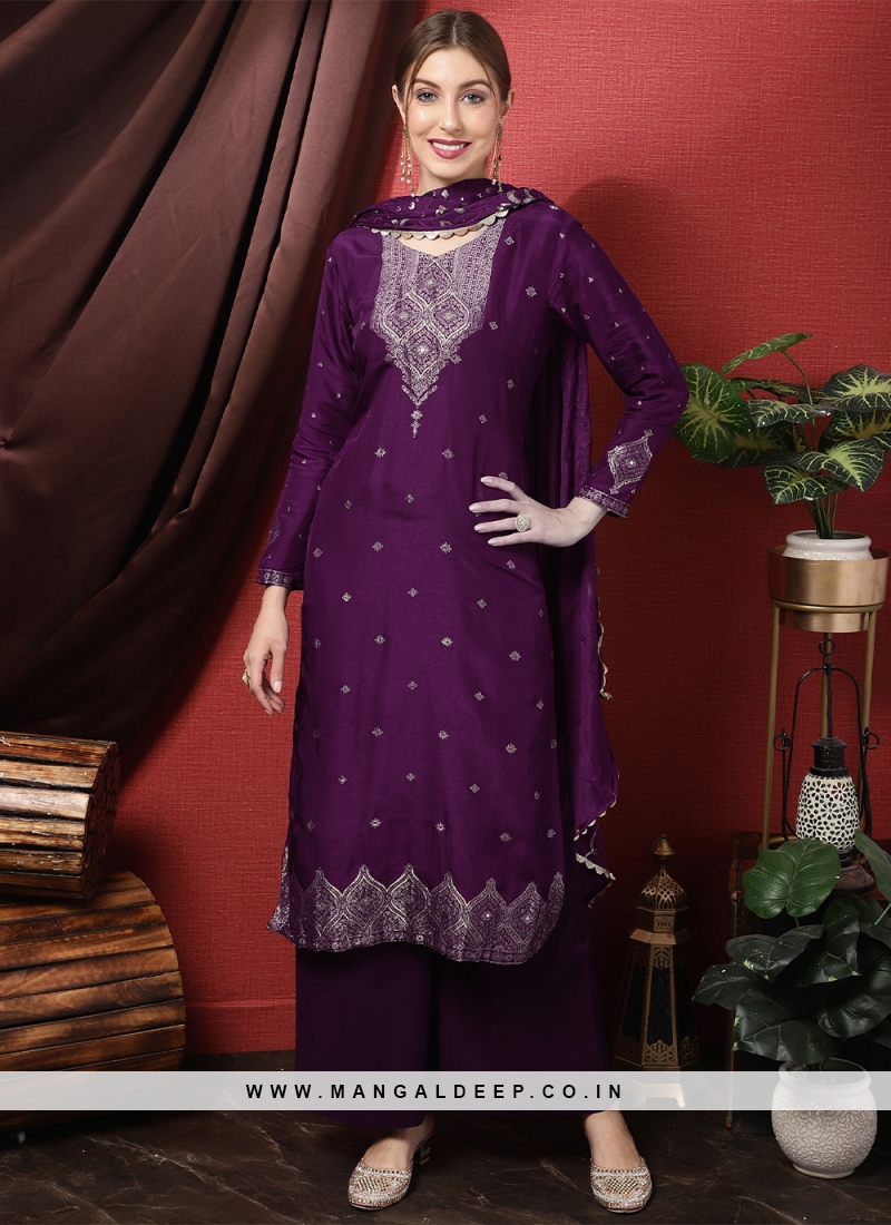 Embroidered Silk Straight Salwar Kameez in Purple