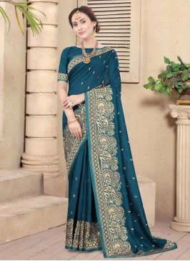 Embroidered Silk Traditional Designer Saree in Green