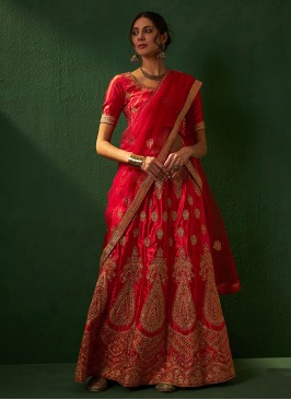 Embroidered Silk Trendy Lehenga Choli in Red