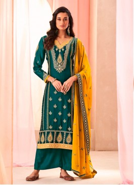 Embroidered Silk Trendy Salwar Kameez in Green