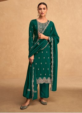 Embroidered Silk Trendy Salwar Suit in Green