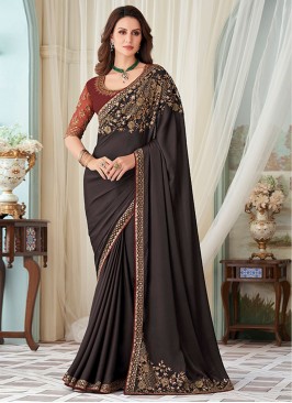 Embroidered Silk Trendy Saree in Brown