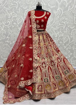 Embroidered Velvet Designer Lehenga Choli in Red