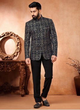 Embroidered Velvet Jodhpuri Jacket in Beige and Navy Blue