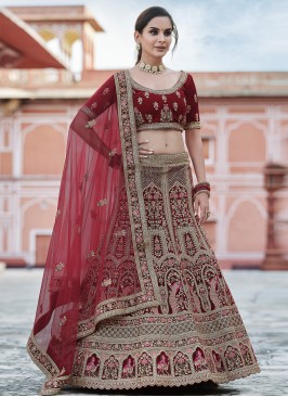 Embroidered Velvet Lehenga Choli in Maroon