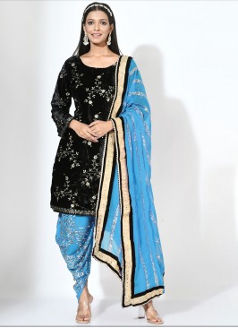 Embroidered Velvet Patiala Salwar Kameez in Black and Blue