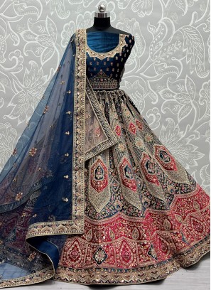 Embroidered Velvet Trendy Lehenga Choli in Navy Blue