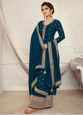 Embroidered Vichitra Silk Designer Pakistani Suit in Rama